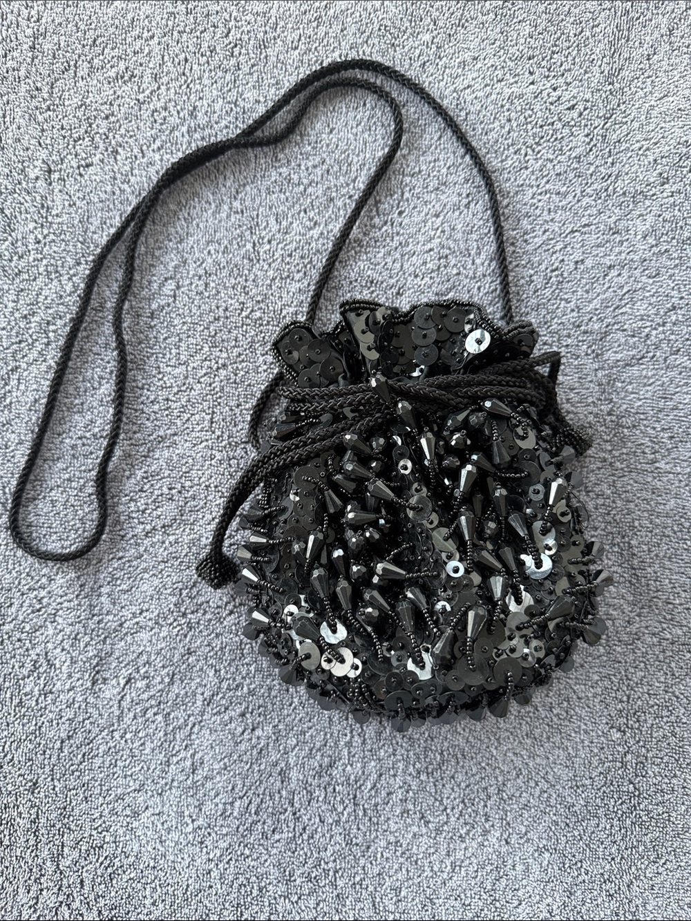 Carla Marchi Black Sequin Beaded Drawstring Evening Bag